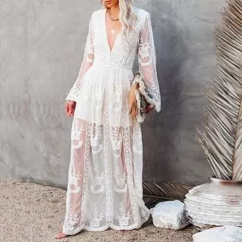 Весна-лето женское кружевное платье сексуальное однотонное шифоновое платье с v-образным вырезом и длинным рукавом женское с высокой талией вышитые пляжные повседневные платья леди 24176 S чёрный