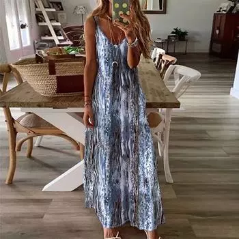 Весна-лето женское модное платье с принтом на бретельках для женщин Повседневные платья S серый