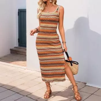 Весна/лето Женское модное повседневное полосатое праздничное платье без рукавов S оранжевый