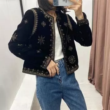 Весна-лето Женское модное универсальное облегающее трендовое дворцовое вышитое бархатное пальто XS чёрный