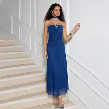 Весна-лето женское облегающее элегантное банкетное платье с высокой талией А-силуэта однотонное сетчатое кружевное длинное платье без бретелек S синий