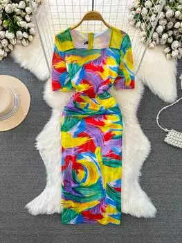 Весна-лето женское облегающее платье-миди с принтом тай-дай, винтажное платье-миди с квадратным воротником, картина маслом, драпированное вечерние платье, новое женское платье One Size