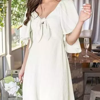 Весна Лето Женское Платье Мини с Коротким Рукавом Элегантное V-образным Вырезом и Бантом Свободное Платье S белый