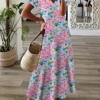 Весна-лето Женское платье свободного покроя в стиле бохо с принтом Повседневные платья S серый