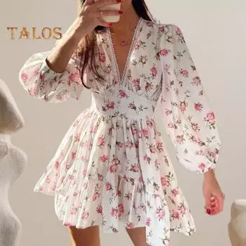 Весна-лето женское платье трапециевидной формы из кружева с длинными рукавами-фонариками и цветочным принтом, облегающая высокая талия, глубокий V-образный вырез, плиссированная лоскутная подол, вечеринка для отпуска L белый