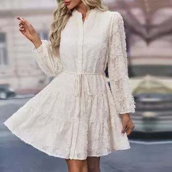 Весна-лето женское платье Жаккардовая юбка с завязками Кружевные платья с длинными рукавами L абрикосовый