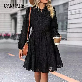 Весна-лето женское платье Жаккардовая юбка с завязками Кружевные платья с длинными рукавами S чёрный