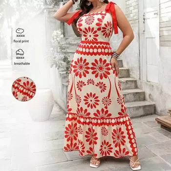 Весна/лето Женское повседневное элегантное праздничное платье с принтом и высокой талией XL красный