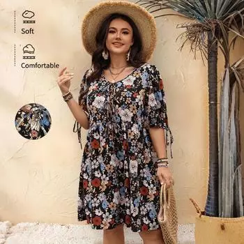 Весна/лето Женское повседневное праздничное платье в стиле принт с круглым вырезом и рукавами-пятью 1XL чёрный