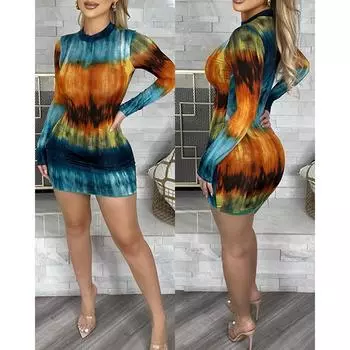 Весна-лето Женское сексуальное облегающее мини-платье с длинными рукавами и принтом тай-дай S