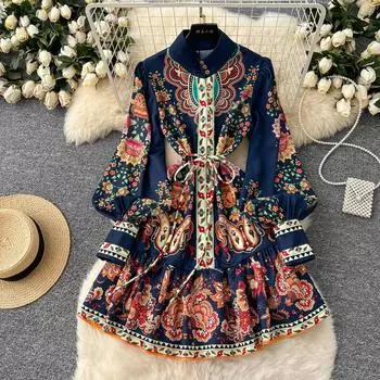 Весна-лето Женское винтажное платье с принтом дворца, подиумное платье с воротником-стойкой, мини-короткие вечерние платья со шнуровкой M темно-синий