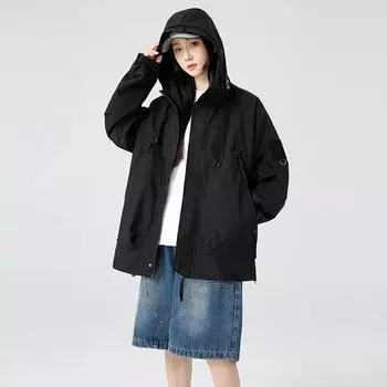 Весна Новая Куртка Женская Повседневная С Капюшоном На Молнии Модная Дышащая Однотонная Ветрозащитная Унисекс Для Пары Уличная Одежда M чёрный