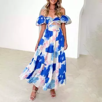 Весна новая осень женская одежда темперамент элегантный ажурный с открытыми плечами напечатанное платье S темно-синий