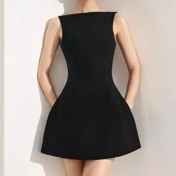 Весна Новая Женская Одежда Элегантное и Элегантное Однотонное Платье Без Рукавов с Круглым Вырезом и Открытой Спиной S чёрный
