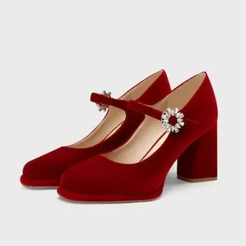 Весна Новые Туфли на Толстом Каблуке с Острым Носком Женские с Пряжкой на Ремешке, с Мелким Вырезом, на Высоком Каблуке, Шелковые Красные Свадебные Туфли 35