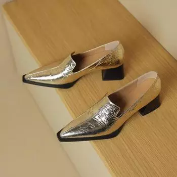 Весна Новые Туфли на Толстом Каблуке Женские Остроносые Кожаные Водонепроницаемые Нескользящие Туфли с Низким Верхом 34 золотой