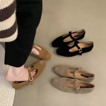 Весна новый нишевый дизайн чувство ретро неглубокий носок Т-образная пряжка туфли Мэри Джейн бабушки плоская подошва неглубокий носок одинарные туфли 35 чёрный