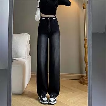 Весна-Осень 2022, новая корейская модная тонкая женская одежда с высокой талией, повседневные тонкие джинсы, свободные широкие длинные брюки XS чёрный