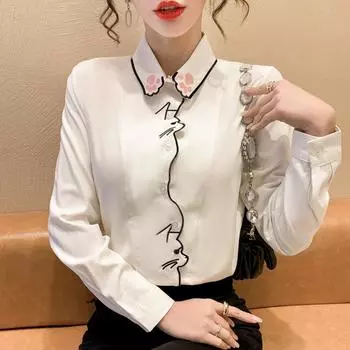 Весна-Осень 2023, милый топ, блузка с вышивкой кота, белая рубашка с длинными рукавами, женская одежда, топ, однобортный кардиган S белый