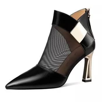 Весна-осень 2024 года. Новые полые ботильоны на тонком каблуке для женщин с дышащими высокими каблуками, сетчатые сапоги с острым носком 36 чёрный