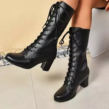 Весна Осень 2024 Новые Женские Элегантные Удобные Уличные Ботинки Модные Ботинки с Перекрещенными Шнурками На Высоком Каблуке С Острым Носком Обувь для Женщин 35 чёрный