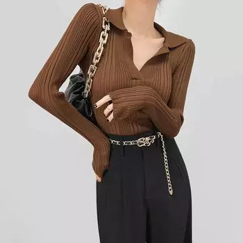 Весна Осень 2025 Новые топы для похудения с отворотами, женские сексуальные мягкие облегающие пуловеры с V-образным вырезом и длинным рукавом C-007 One Size чёрный