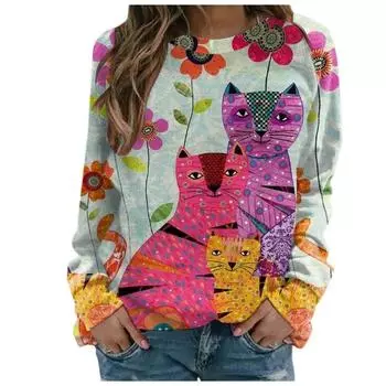 Весна Осень 3D цифровая печать женская футболка с длинным рукавом свободный модный принтованный топ с изображением кота S