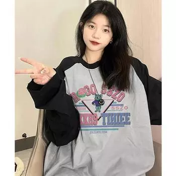 Весна-Осень, американская винтажная футболка с буквенным принтом, женские футболки Harajuku с длинным рукавом и круглым вырезом, повседневная футболка большого размера, женские черные топы y2k, уличная одежда M
