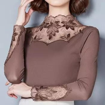 Весна Осень Ажурные Женские Кружевные Блузки Рубашки Повседневные Длинные Рукава Лоскутные Сращенные Водолазки Топы XXXXXL чёрный