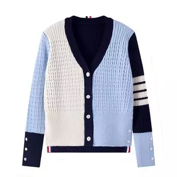 Весна Осень Ажурный Вязаный Свитер Пальто Куртка Женская Мода Контрастный Цвет Длинный Рукав Джемперы One Size