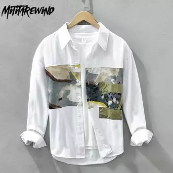 Весна/осень Белая рубашка для мужчин Новая модная мужская рубашка с длинным рукавом Повседневная свободная рубашка из чистого хлопка Молодежная рубашка с принтом в стиле пэчворк M белый