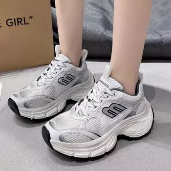 Весна/осень, белые туфли для папы на толстой подошве, женские, новый стиль, сетчатые, дышащие, ретро, легкие, увеличивающие рост, повседневные спортивные туфли 35 белый