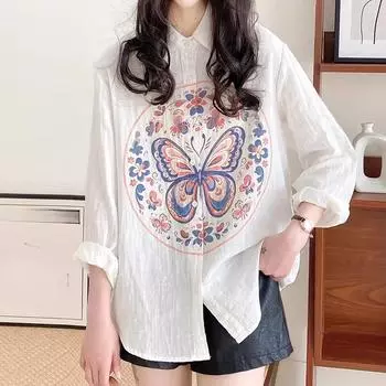 Весна Осень Белый Верх Двухслойные Хлопчатобумажные Рубашки Женские Воротник-лацкан Длинный Рукав Напечатанные Блузки One Size
