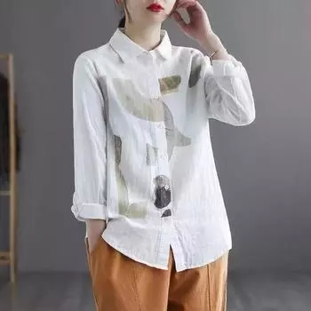 Весна Осень Белый Верх Двухслойные Хлопчатобумажные Рубашки Женские Воротник-лацкан Длинный Рукав Напечатанные Блузки One Size