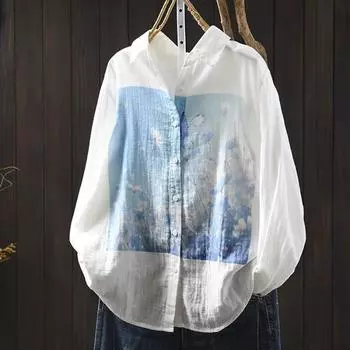 Весна Осень Белый Верх Двухслойные Хлопчатобумажные Рубашки Женские Воротник-лацкан Длинный Рукав Напечатанные Блузки One Size