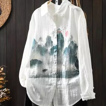 Весна Осень Белый Верх Двухслойные Хлопчатобумажные Рубашки Женские Воротник-лацкан Длинный Рукав Напечатанные Блузки One Size