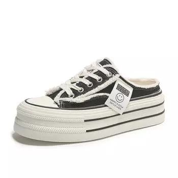 Весна Осень Без Каблука Парусиновые Туфли для Женщин Модные Повседневные Новые Дизайнерские Женские Туфли Из Вулканизата Полутапочки Женские 35 чёрный