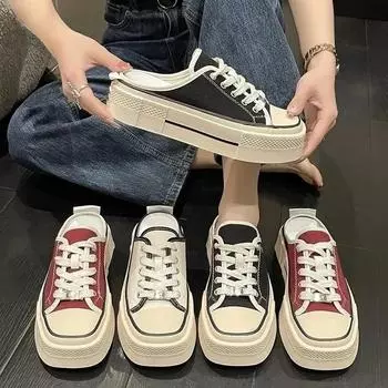 Весна Осень Без Каблука Парусиновые Туфли для Женщин Модные Повседневные Спортивные Новые Дизайнерские Туфли Женские Кроссовки С Квадратной Головкой Дамы 35 чёрный