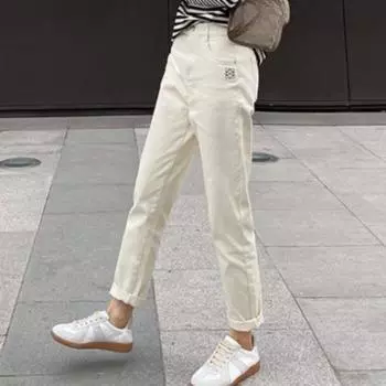 Весна-Осень бежевые эластичные узкие джинсы с высокой талией для женщин, прямые брюки-трубы длиной до щиколотки с эластичной талией для повседневной носки S бежевый