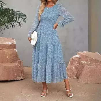 Весна осень Богемное женское макси-платье Повседневное длинное платье с высокой талией Пляжное женское платье с круглым вырезом Шифоновые платья Цветочные платья Mujer Y2K синее вечернее платье S небесно-голубой