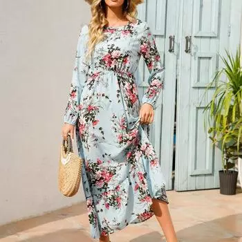 Весна Осень Богемный Женщины Макси Платье Мода Повседневный Длинный Рукав Высокая Талия Синий Женский Шифон Платья Цветочные Vestidoes Mujer S