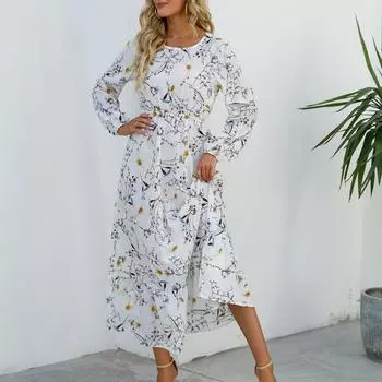 Весна Осень Богемный Женское Макси Платье Повседневный Длинный Рукав Высокая Талия Пляжные Женские Шифоновые Платья Черный Цветочный Vestidoes Mujer S