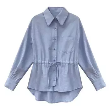 Весна Осень Большие размеры Хлопок Льняная рубашка с завязками на талии, с отворотами, повседневная женская рубашка Блузки и рубашки M серый