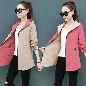 Весна Осень Большие размеры Женская куртка Двусторонняя ветровка Женская с капюшоном Повседневная базовая куртка Свободная верхняя одежда