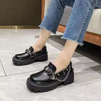 Весна Осень Цепочка Лолита Туфли Туфли Мэри Джейн с пряжкой Лакированная кожа Неглубокие женские туфли на плоской подошве для девочек Туфли на платформе 36 чёрный