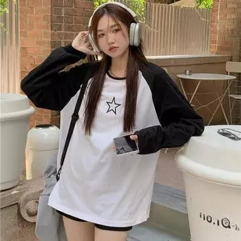 Весна Осень Черно-белые Лоскутные Футболки Женские Футболки Harajuku С Длинным Рукавом O-Neck Повседневные Большие Футболки Топы Y2k Уличная Одежда M чёрный