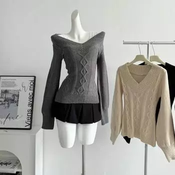 Весна Осень Черный V-образный вырез свитер Женщины Твердый эластичный дизайн Посадка Cross Knit Tops Шикарный трикотаж Корея Повседневная нижняя одежда S чёрный