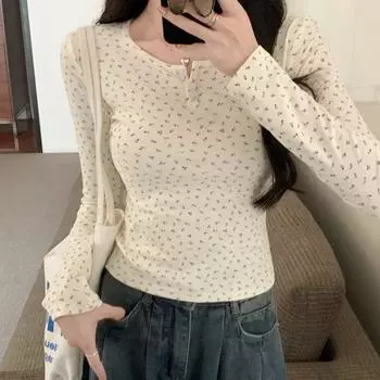 Весна Осень чистый хлопок цветочный принт тонкий свитер футболка женская harajuku повседневные футболки с длинным рукавом женские базовые футболки топы S