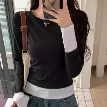 Весна Осень чистый хлопок однотонные тонкие пуловеры футболка женская повседневная с длинным рукавом поддельные две части футболки женские базовые футболки топы S