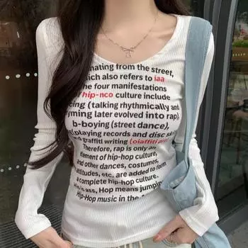 Весна Осень чистый хлопок с буквенным принтом Тонкие пуловеры Футболка Женская повседневная с длинным рукавом белые футболки Женские базовые футболки y2k Топы S